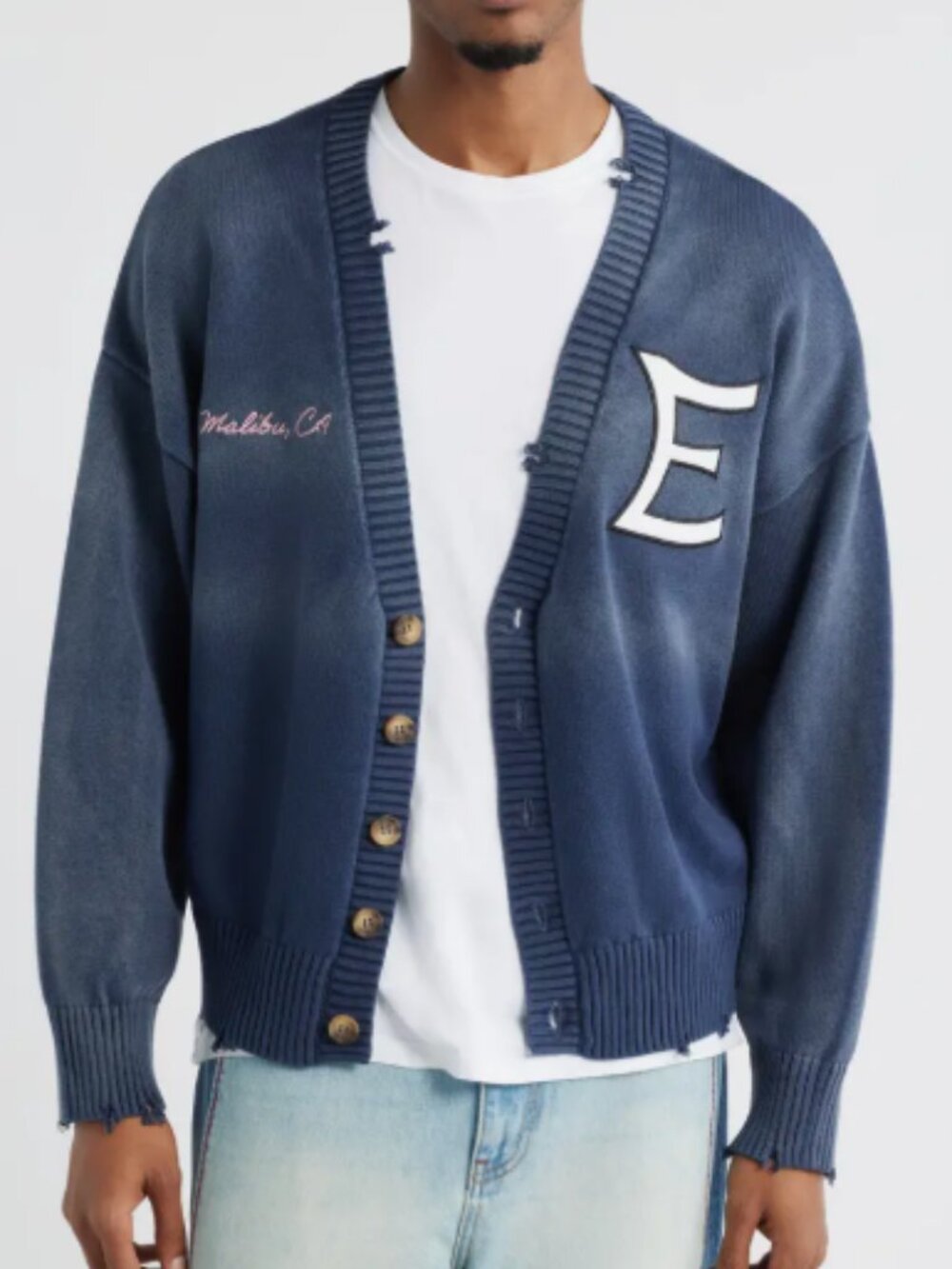 Elwood Navy Distressed Varsity Letter Cardigan XS Cotton